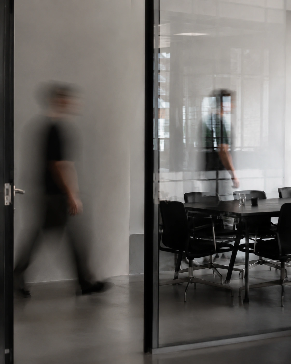 People moving past a quiet meeting room behind glass
