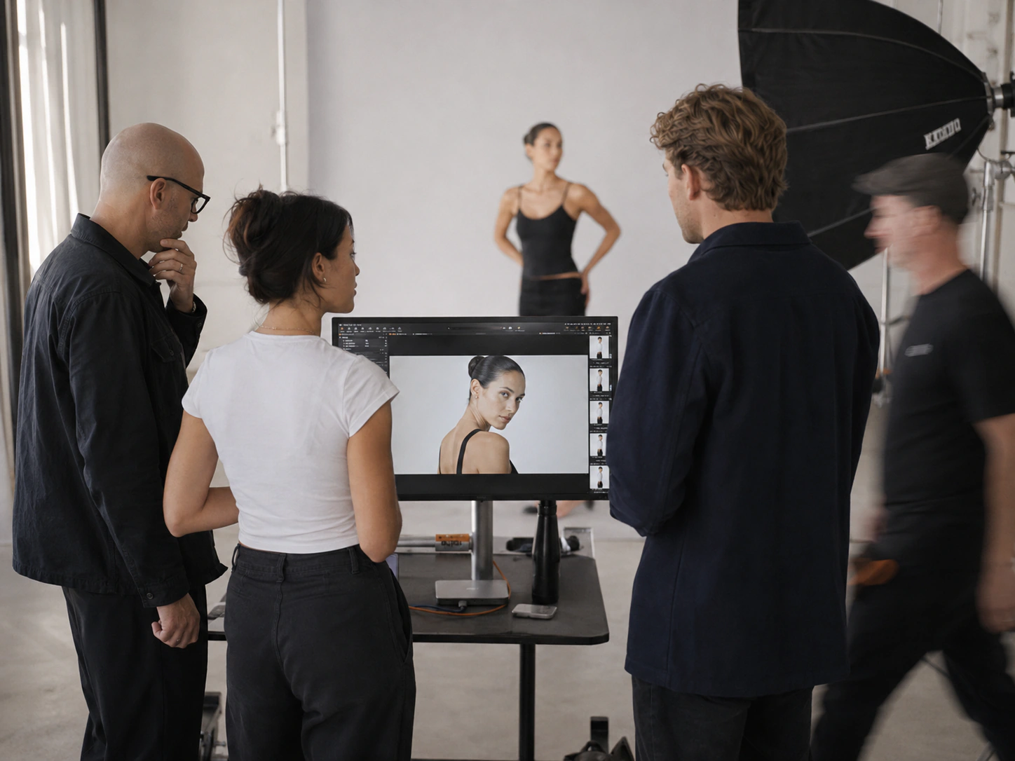 A senior team reviewing campaign portrait photography in studio