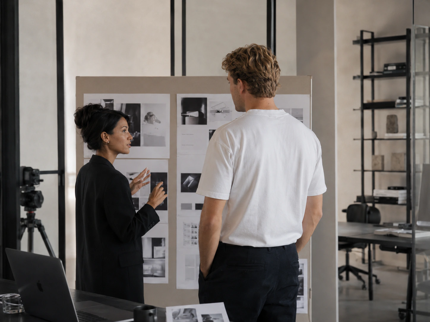 A creative director reviewing a campaign direction with a collaborator
