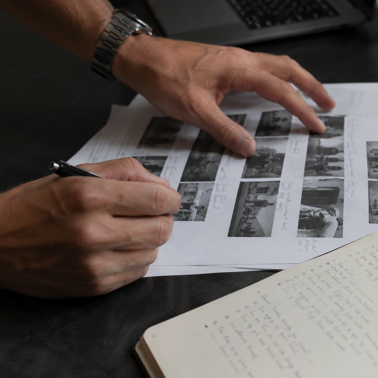 A strategist reviewing campaign frames and notes