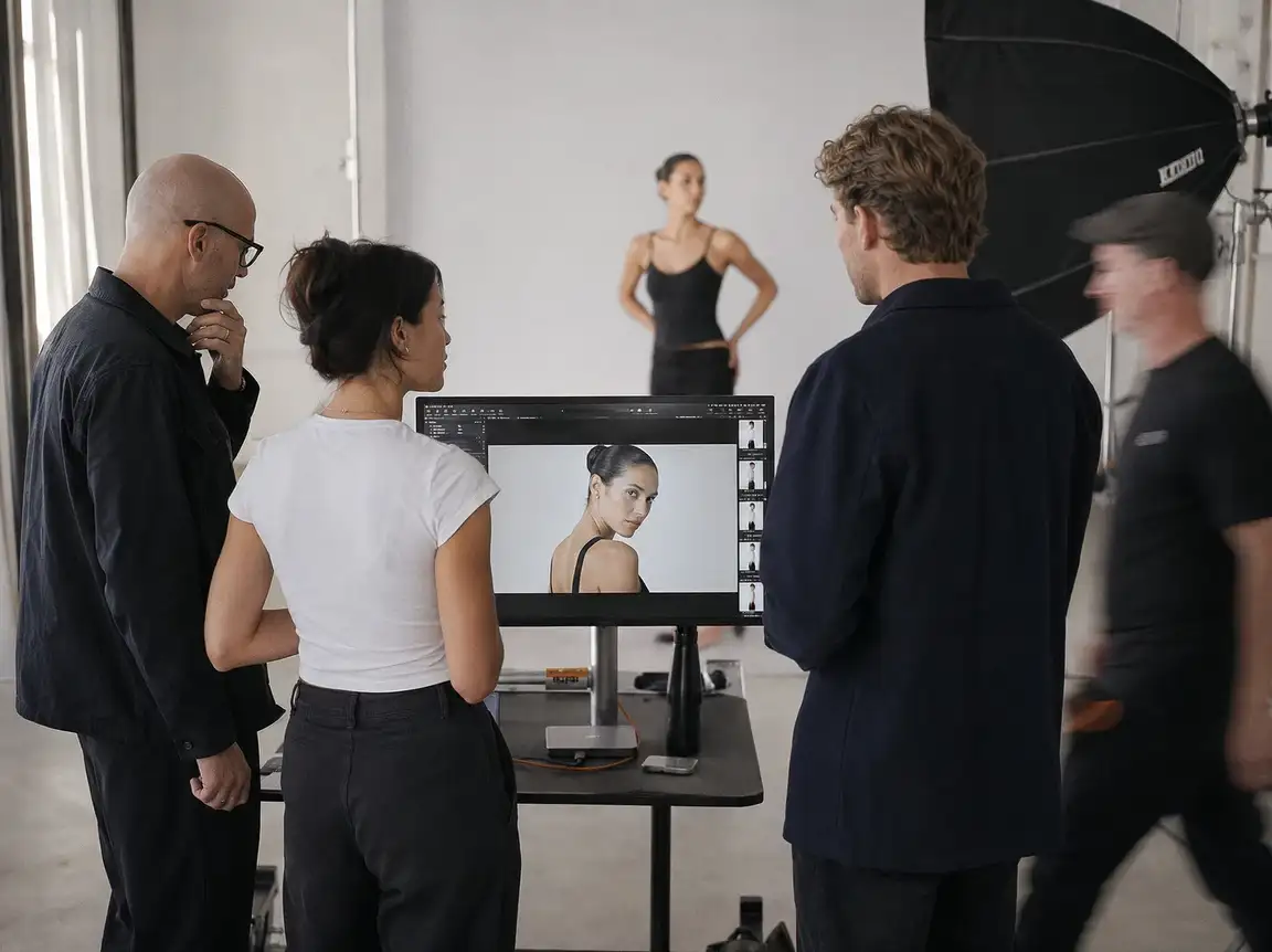 A senior team reviewing campaign portraits at the monitor