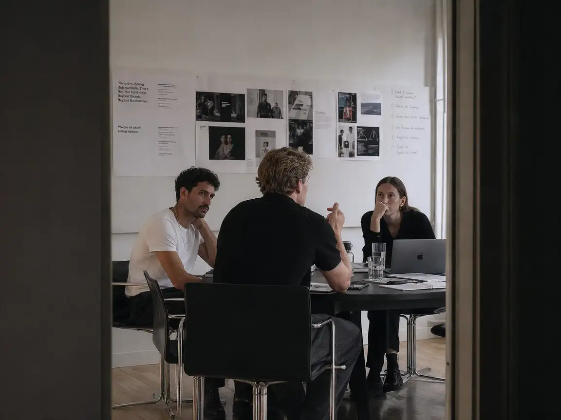 A creative director reviewing a campaign direction with a collaborator